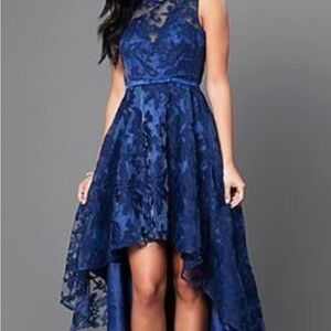Elegant Navy Blue High-Low Lace Cocktail Dress